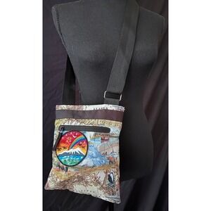 Ace USA Alaska Souvenir Crossbody Bag Map Wildlife Print Embroidered Patch Black